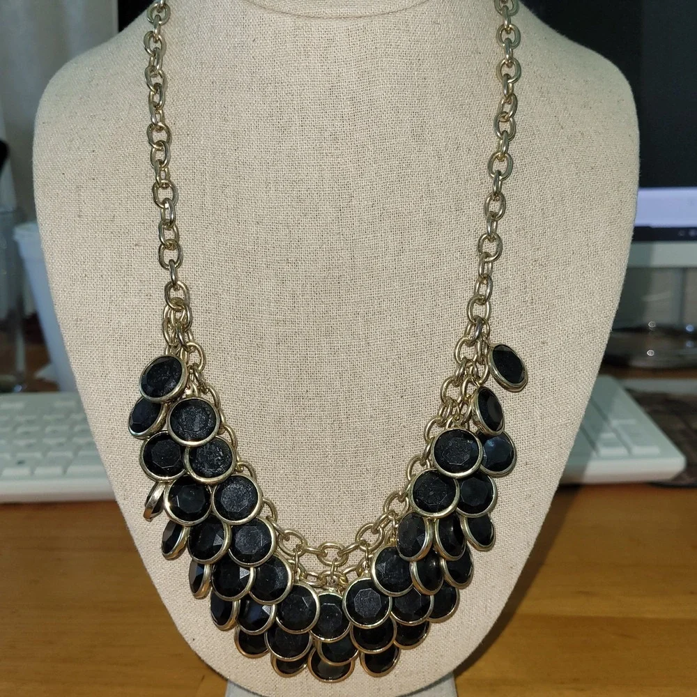 Chunky Faceted Bib Necklace Pair Black Red Cabochon Statement 20 Inch Lot Vtg